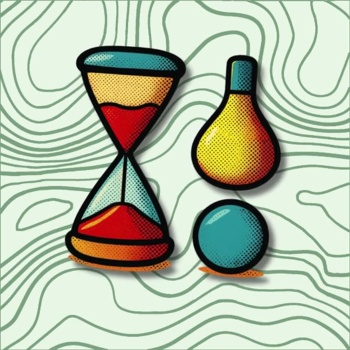 Ilustrações pop art de ampulheta, frasco e bola sobre fundo linhas onduladas