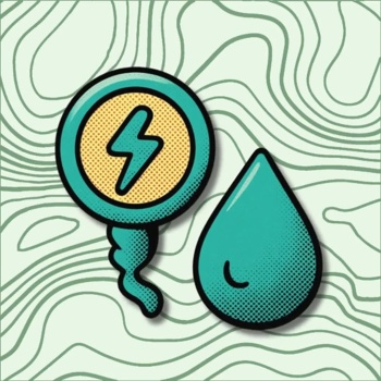 Ícones de energia e gota de água animados em fundo com linhas curvas