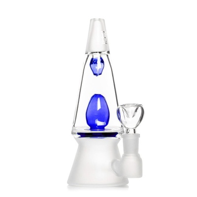 Bong de vidro transparente com detalhes azuis e base fosca branca