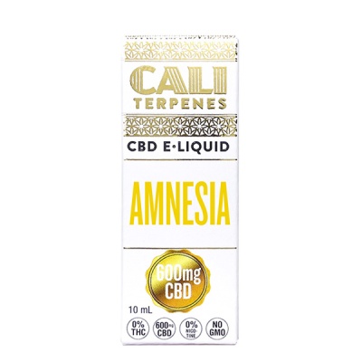 Embalagem branca e dourada de líquido para vape CBD Amnesia 600mg