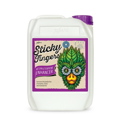 Recipiente plástico branco com tampa roxa e etiqueta colorida com ilustração de cara feita de folhas e texto Sticky Fingers.