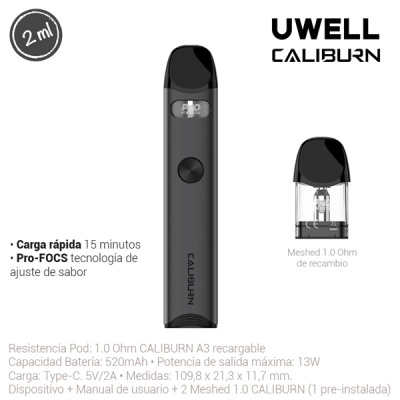 Dispositivo vaporizador preto UWELL CALIBURN com texto e resistência pod separada