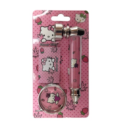 Conjunto de quatro peças com decoração rosa e gato branco, texto Stoner kitty