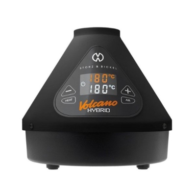 Aparelho preto em forma de cone com visor digital e texto Volcano Hybrid