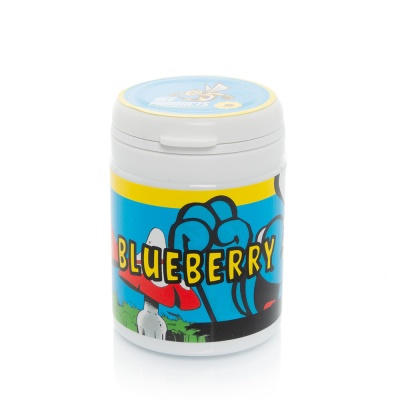 Frasco com rótulo colorido com texto BLUEBERRY e desenhos