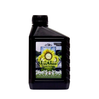 Frasco preto com etiqueta colorida de girassol e texto Fast Food Auto flowering plants
