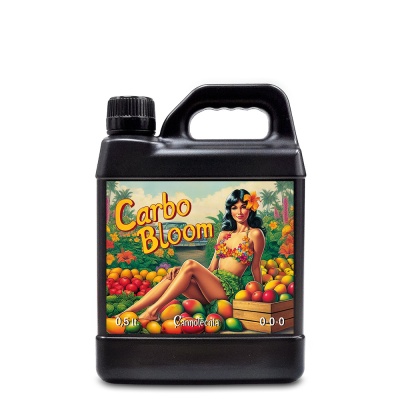 Embalagem preta com rótulo colorido Carbo Bloom e ilustração de mulher com flores e frutas