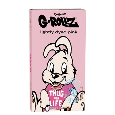 Embalagem rosa de papel para enrolar com ilustração de coelho branco e texto G-ROLLZ