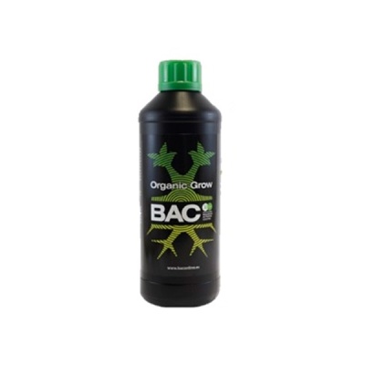 Frasco preto de BAC Organic Grow com tampa verde e design de raízes verdes.