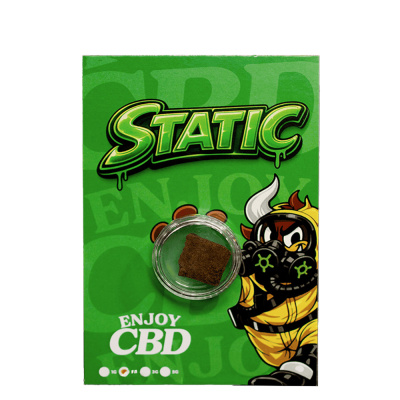 Embalagem verde com texto STATIC, ENJOY CBD e personagem de desenho animado com máscara de gás.