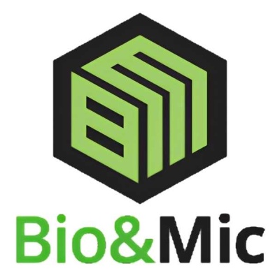 Logótipo Bio&Mic com símbolo hexagonal verde e preto