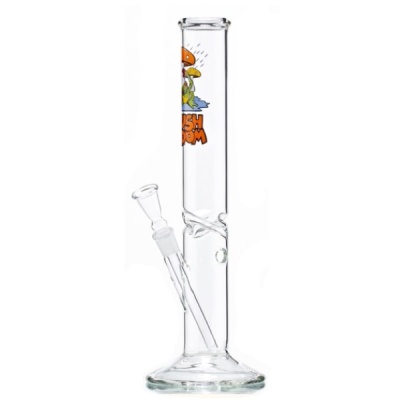 Bong de vidro transparente com decoração de cogumelos e texto laranja