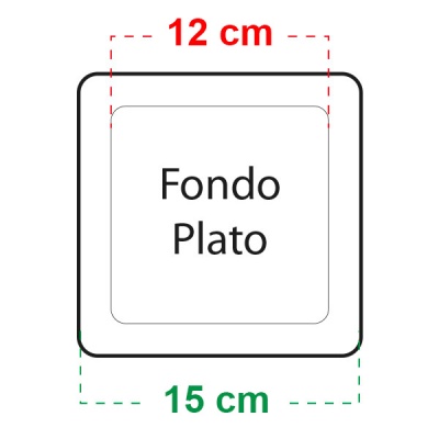 Imagem gráfica de prato quadrado branco com texto Fondo Plato e medidas 12 cm e 15 cm.