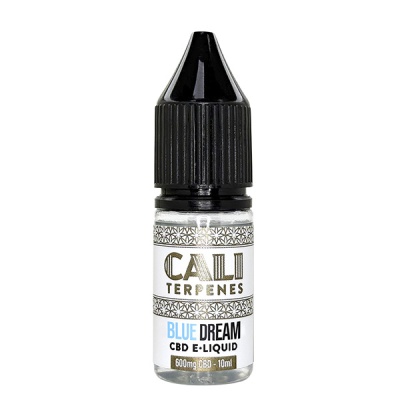 frasco pequeno transparente para líquido CBD com tampa preta e rótulo CALI TERPENES BLUE DREAM