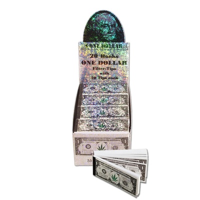 Expositor com blocos de papel para fumar com design de nota de dólar e sombra holográfica