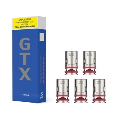 Cinco bobinas Vaporesso GTX 0,15Ω Mesh Coil e embalagem azul com texto GTX
