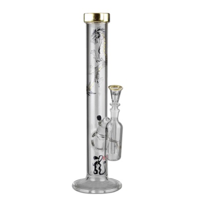 Bong de vidro transparente com dragão preto e dourado e detalhes dourados