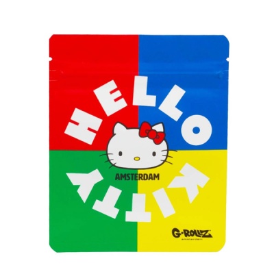 Saco colorido HELLO KITTY com cabeça da Hello Kitty e texto AMSTERDAM em fundo dividido em quatro cores