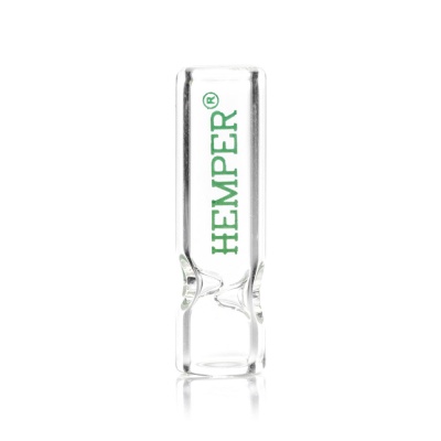 Tubo cilíndrico transparente em vidro com texto verde HEMPER