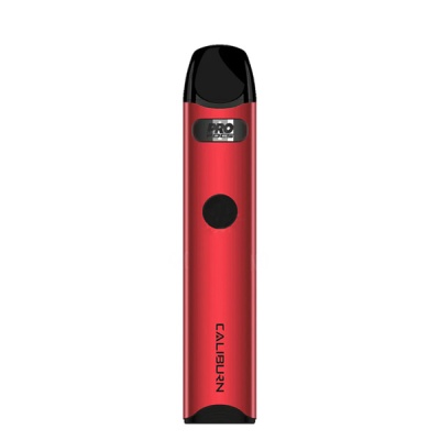 Dispositivo vape vermelho CALIBURN com bocal preto e botão circular.