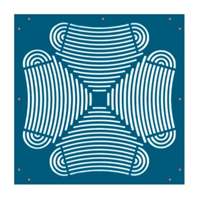 Stencil azul com padrão branco de linhas curvas geométricas e furos metálicos nas bordas
