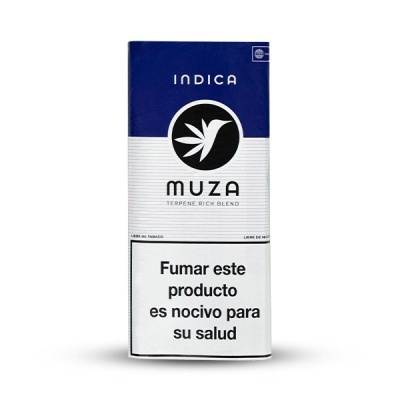 Embalagem azul e branca INDICA Muza com aviso de saúde em espanhol
