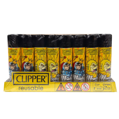 Pack de isqueiros Clipper reutilizáveis com design de macacos e leões amarelos