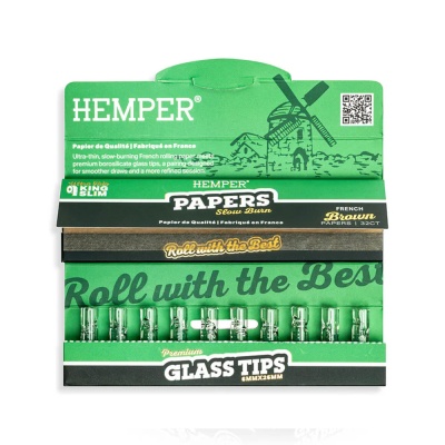 Caixa verde de papel para enrolar com pontas de vidro transparentes Hemper Papers Slow Burn