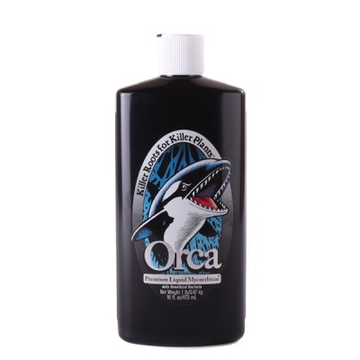 frasco preto de micorrizas líquidas Orca com orca ilustrada