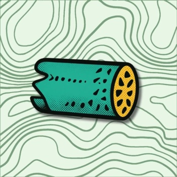 Ilustração gráfica de um cilindro verde com detalhes pretos e secção transversal amarela sobre fundo ondulado.