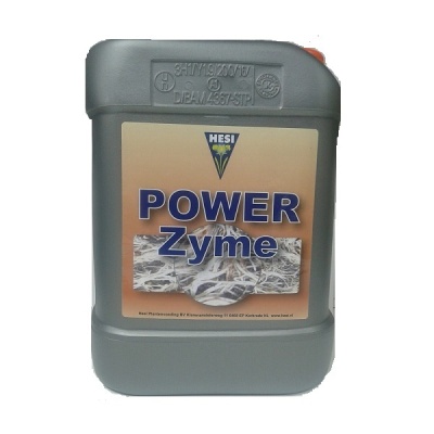 Contentor plástico cinzento com etiqueta POWER Zyme da marca HESI e imagem de raízes