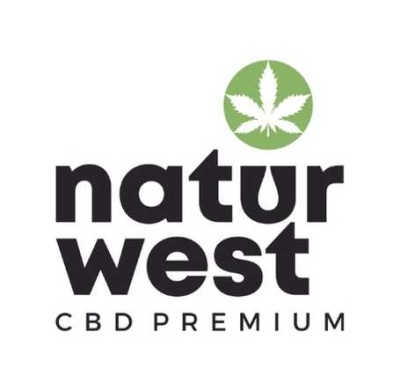 Logotipo com a palavra natur west e folha de cânhamo
