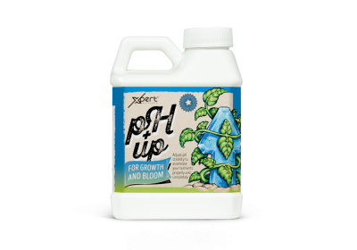 Frasco branco de plástico com rótulo colorido e texto pH up