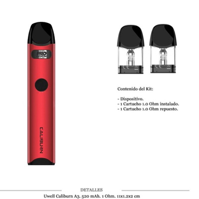 Dispositivo vape vermelho Uwell Caliburn com cartuchos transparentes e texto do kit em espanhol.