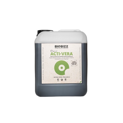 Recipiente plástico cinzento BIOBIZZ ACTI-VERA com rótulo branco e texto verde e preto