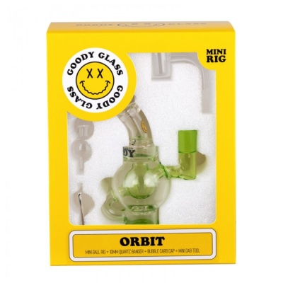 Mini rig de vidro verde translúcido com embalagem amarela e texto ORBIT