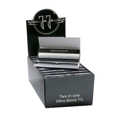 Caixa preta de papel para enrolar com texto jaJa e Two in one Ultra Black 1¼.
