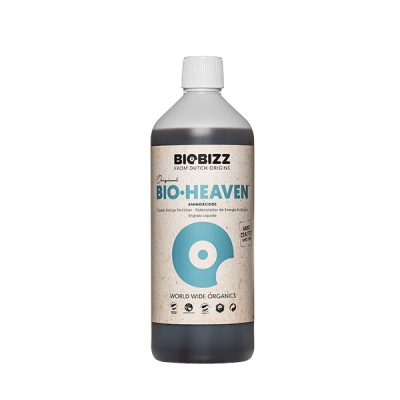 Garrafa plástica transparente com líquido escuro e rótulo bege do produto BIO-HEAVEN da marca BIOBIZZ