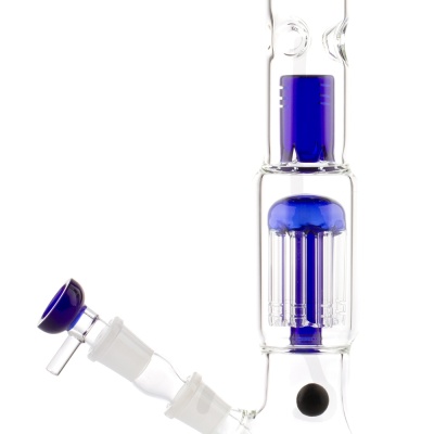 cachimba de vidro transparente com detalhes azuis e base branca