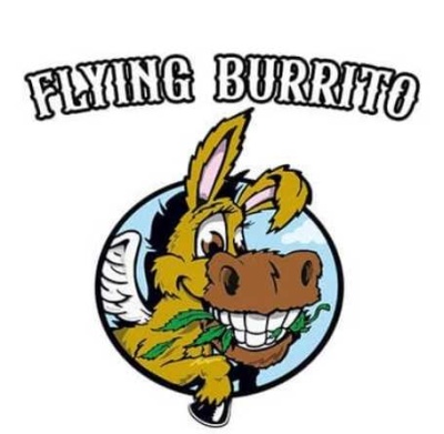 Logótipo FLYING BURRITO com burro amarelo sorridente com asas e ervas na boca em círculo azul