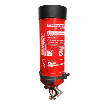 Extintor automático cilíndrico vermelho com tampa preta e texto em espanhol