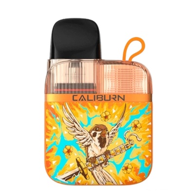 Dispositivo de vape CALIBURN laranja com ilustração colorida e parte superior transparente