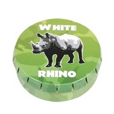 Embalagem redonda verde com rinoceronte e texto WHITE RHINO
