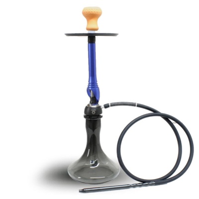 Narguilé azul com base de vidro e mangueira preta