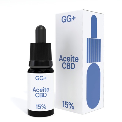 Frasco de óleo CBD 15% com conta-gotas e embalagem branca ao lado