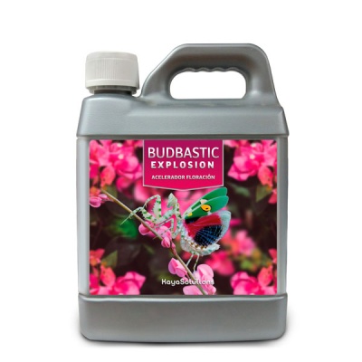 Embalaem plástico cinzenta com rótulo colorido de flores e texto BUDBASTIC EXPLOSION