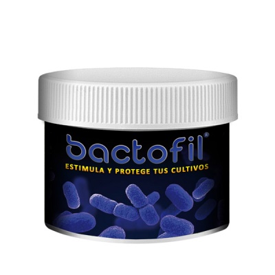 Frasco branco de produto bactofil com tampa e rótulo preto com texto amarelo e bactérias azuis