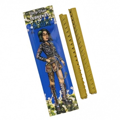 Embalagem azul Hemp Wraps terpenos Strawberry Shortcake e dois charutos de folhas marrons.