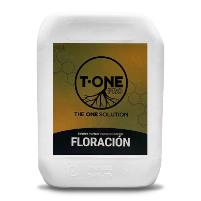 Recipiente plástico branco com etiqueta amarela e preta de solução nutritiva para plantas