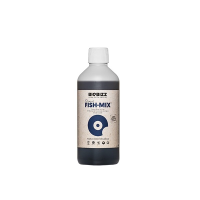 Garrafa preta com rótulo bege e tampa branca, produto BIOBIZZ FISH-MIX